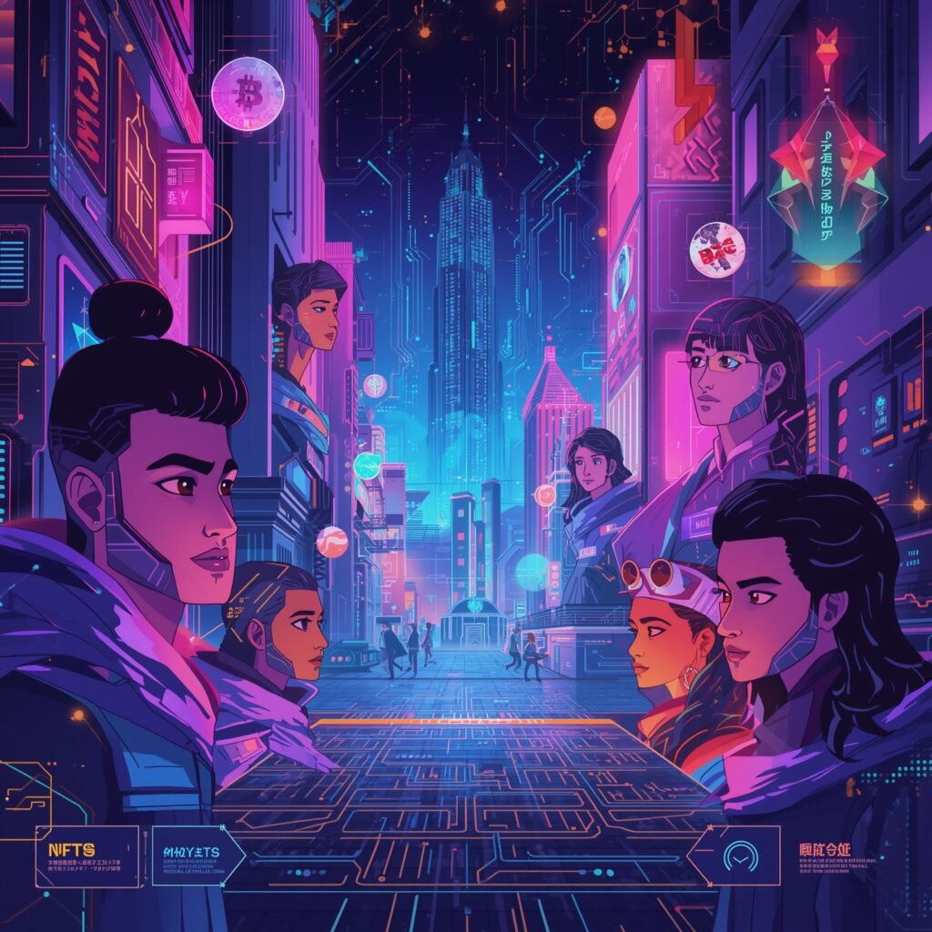 Create a futuristic digital landscape depicting a metaverse environment powered by blockchain technology, showcasing virtual assets, NFTs, and decentralized interactions. (1)