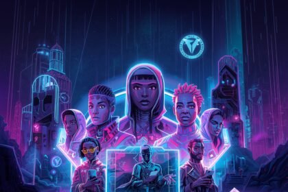 Create a futuristic digital landscape depicting a metaverse environment powered by blockchain technology, showcasing virtual assets, NFTs, and decentralized interactions. (2)