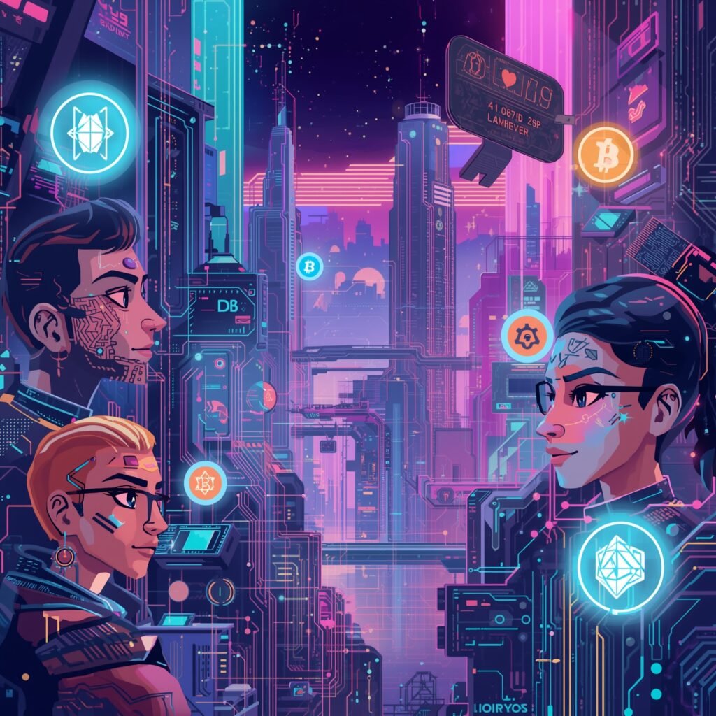 Create a futuristic digital landscape depicting a metaverse environment powered by blockchain technology, showcasing virtual assets, NFTs, and decentralized interactions. (3)