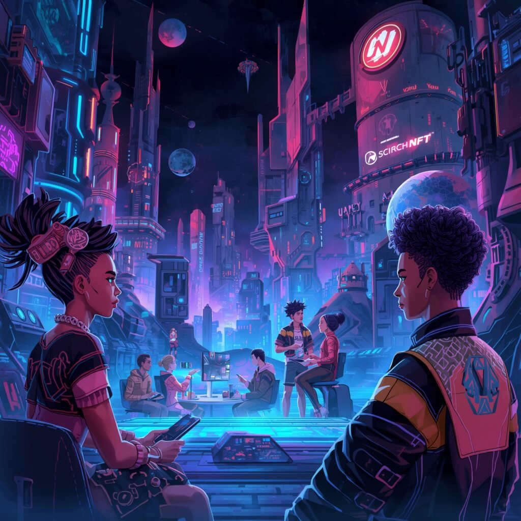 Create a futuristic digital landscape depicting a metaverse environment powered by blockchain technology, showcasing virtual assets, NFTs, and decentralized interactions. (4)
